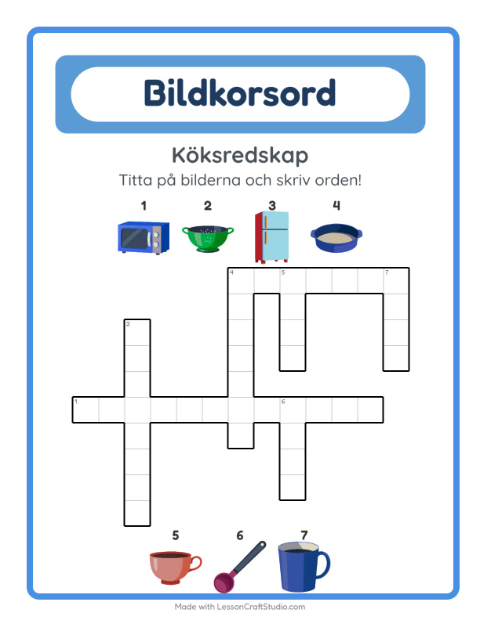 Förhandsvisning av Korsord-arbetsblad med Köksredskap för Årskurs 2
