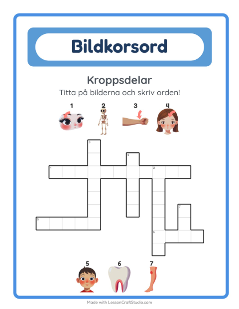 Förhandsvisning av Korsord-arbetsblad med Kroppsdelar för Årskurs 2