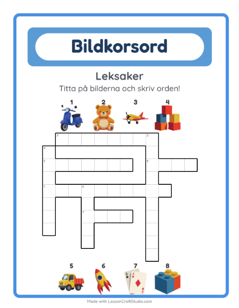 Förhandsvisning av Korsord-arbetsblad med Leksaker för Årskurs 2