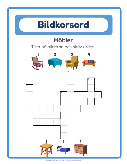 Förhandsvisning av Korsord-arbetsblad med Möbler för Årskurs 2