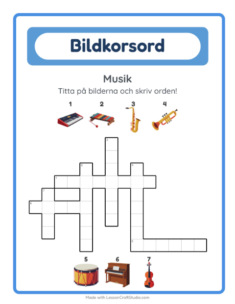 Förhandsvisning av Korsord-arbetsblad med Musik för Årskurs 2