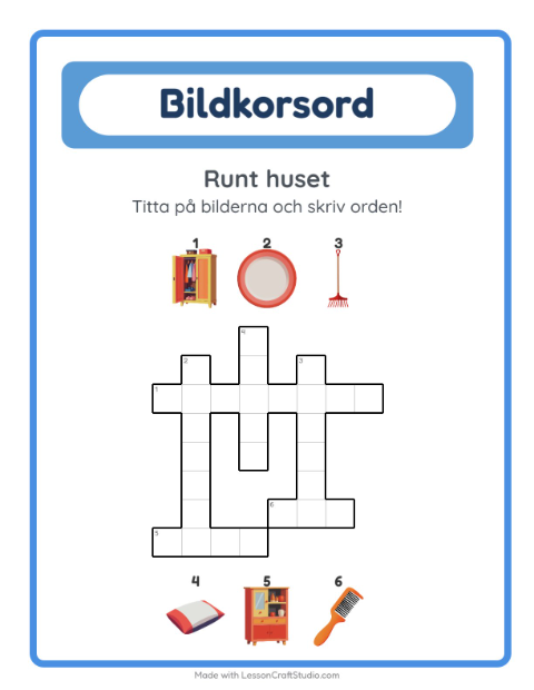 Förhandsvisning av Korsord-arbetsblad med Runt huset för Årskurs 2