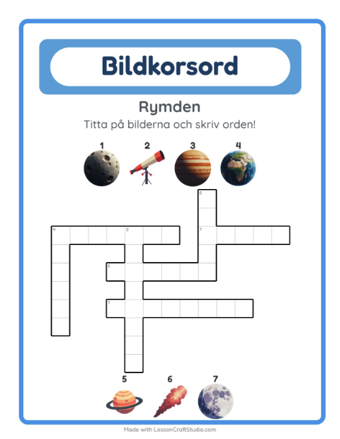 Förhandsvisning av Korsord-arbetsblad med Rymden för Årskurs 2