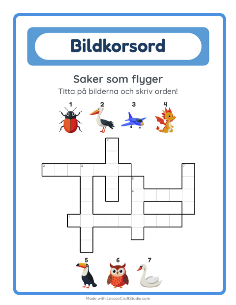 Förhandsvisning av Korsord-arbetsblad med Saker som flyger för Årskurs 2