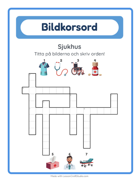 Förhandsvisning av Korsord-arbetsblad med Sjukhus för Årskurs 2