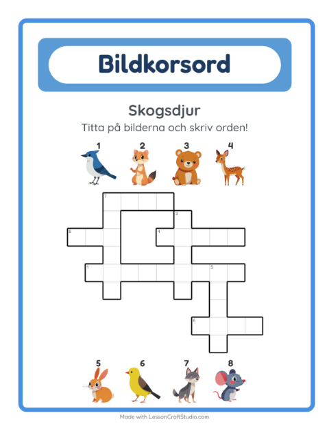 Förhandsvisning av Korsord-arbetsblad med Skogsdjur för Årskurs 2