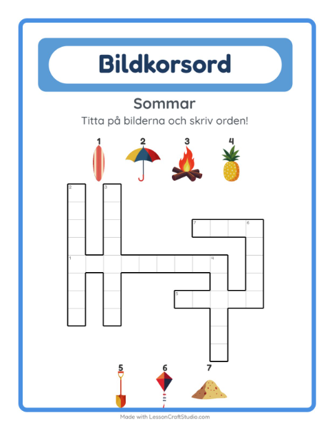 Förhandsvisning av Korsord-arbetsblad med Sommar för Årskurs 2