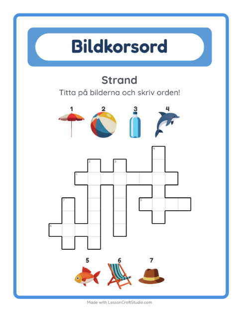 Förhandsvisning av Korsord-arbetsblad med Strand för Årskurs 2