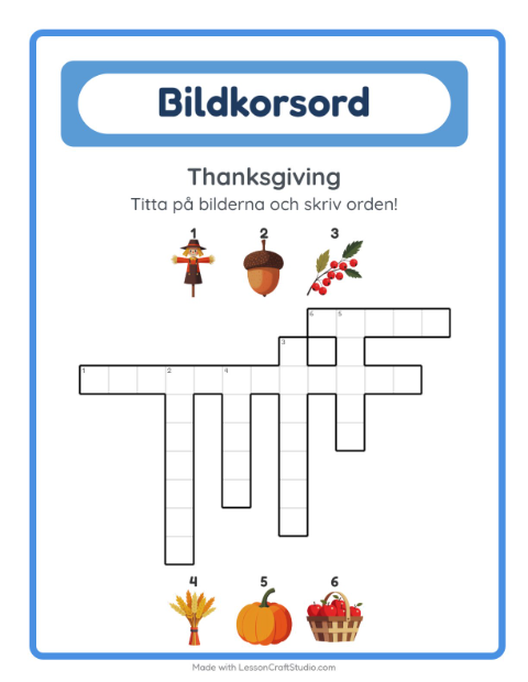 Förhandsvisning av Korsord-arbetsblad med Thanksgiving för Årskurs 2