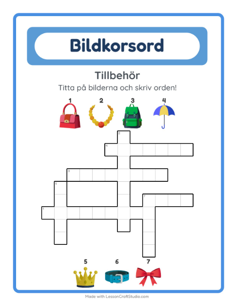 Förhandsvisning av Korsord-arbetsblad med Tillbehör för Årskurs 2