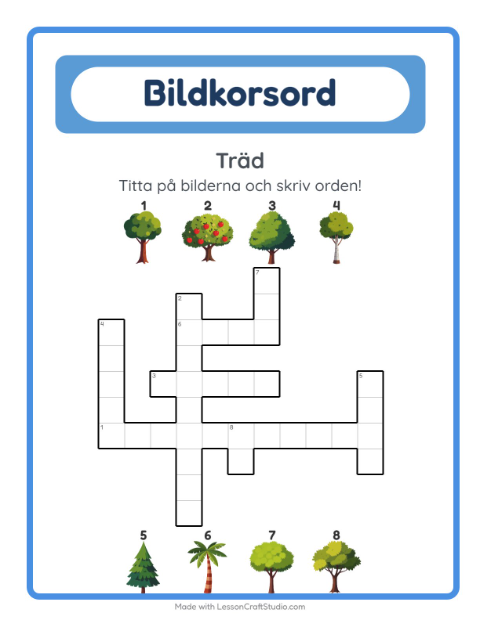 Förhandsvisning av Korsord-arbetsblad med Träd för Årskurs 2