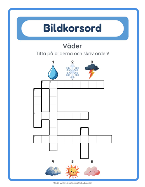 Förhandsvisning av Korsord-arbetsblad med Väder för Årskurs 2