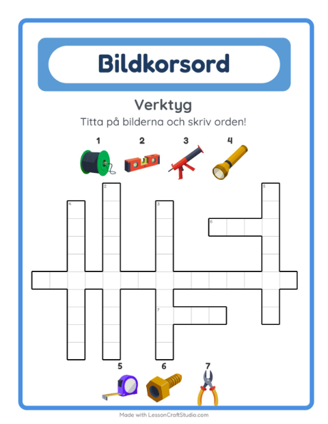 Förhandsvisning av Korsord-arbetsblad med Verktyg för Årskurs 2