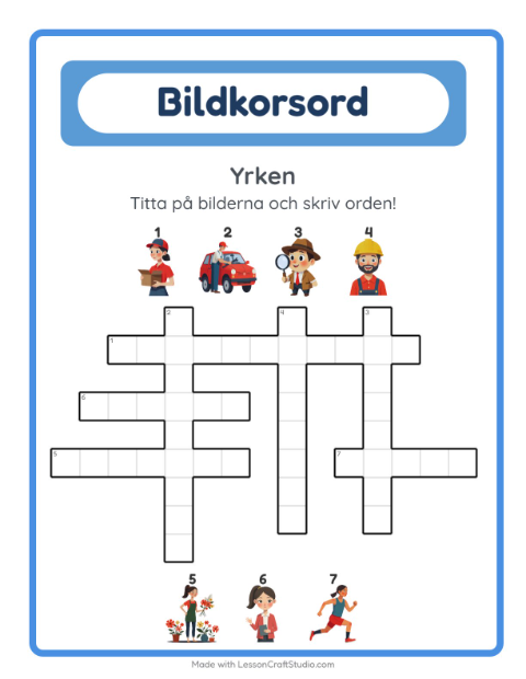Förhandsvisning av Korsord-arbetsblad med Yrken för Årskurs 2