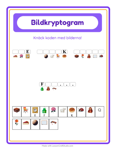 Förhandsvisning av Kryptogram-arbetsblad för Förskoleklass