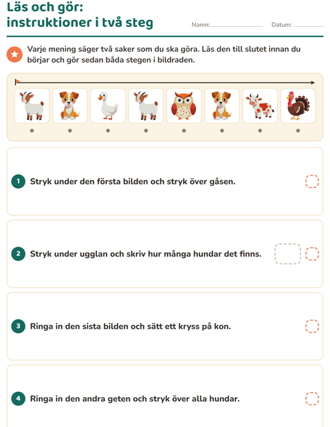Läs och gör i två steg – två saker i varje mening, bondgårdsdjur