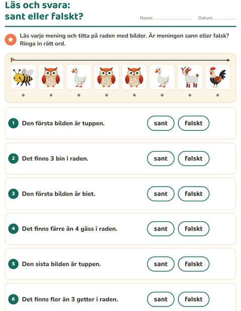 Förhandsvisning av Läs och gör-arbetsblad med Bondgårdsdjur för Årskurs 1