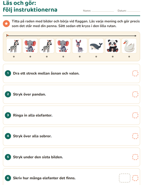 Förhandsvisning av Läs och gör – följ instruktionerna i bildraden med djur