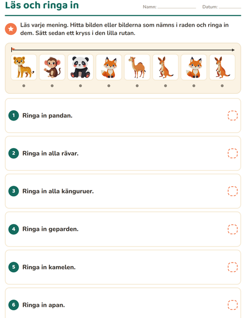 Läs och ringa in – hitta djurparksdjuren i raden