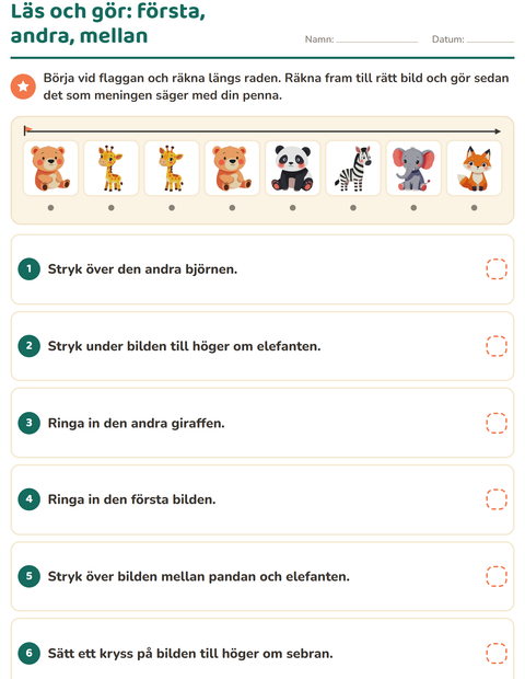 Förhandsvisning av Läs och gör-arbetsblad med Djurparksdjur för Årskurs 1