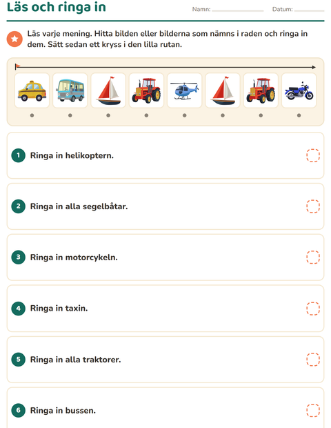 Förhandsvisning av Läs och gör-arbetsblad med Fordon för Årskurs 1