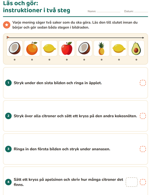 Förhandsvisning av Läs och gör-arbetsblad med Frukter för Årskurs 1