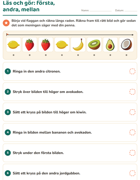 Läs och gör – första, andra, mellan: hitta frukten på sin plats