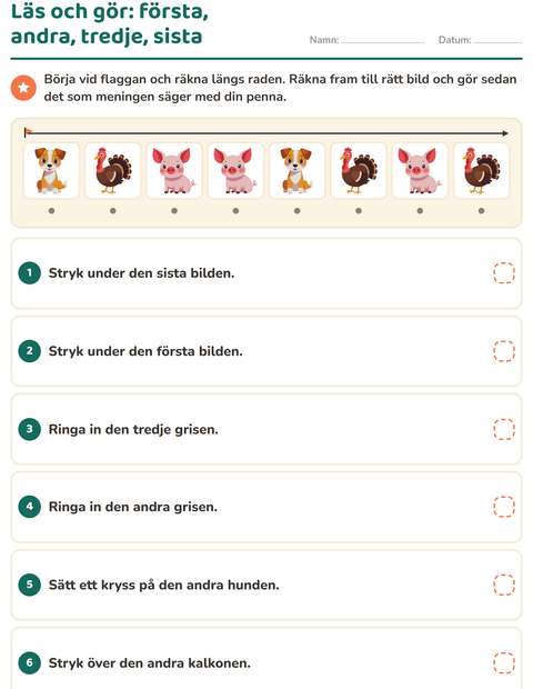 Förhandsvisning av Läs och gör-arbetsblad med Bondgårdsdjur för Årskurs 1