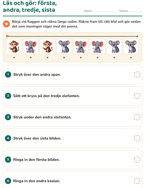 Förhandsvisning av Läs och gör-arbetsblad med Djurparksdjur för Årskurs 1