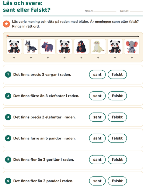 Förhandsvisning av Läs och gör-arbetsblad med Djurparksdjur för Årskurs 1
