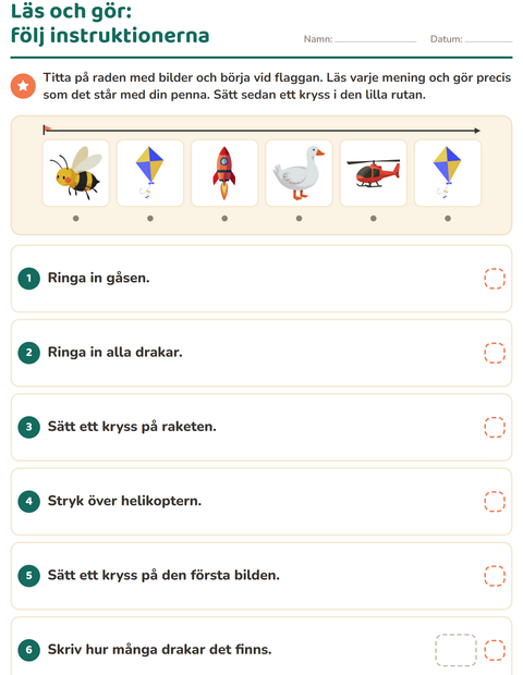 Förhandsvisning av Läs och gör-arbetsblad med Saker som flyger för Årskurs 1