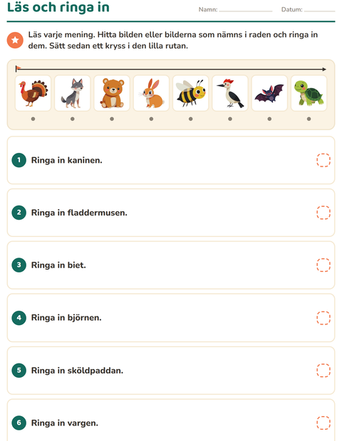 Förhandsvisning av Läs och gör-arbetsblad med Skogsdjur för Årskurs 1