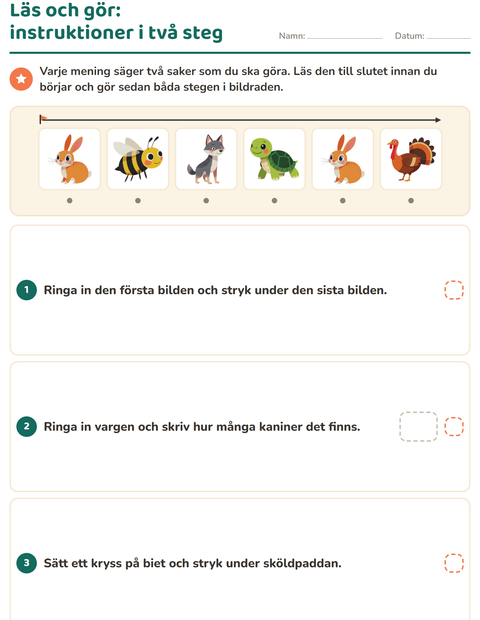Förhandsvisning av Läs och gör-arbetsblad med Skogsdjur för Årskurs 1