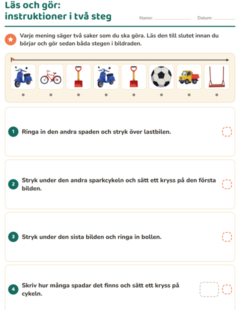 Förhandsvisning av Läs och gör-arbetsblad med Leksaker för Årskurs 1