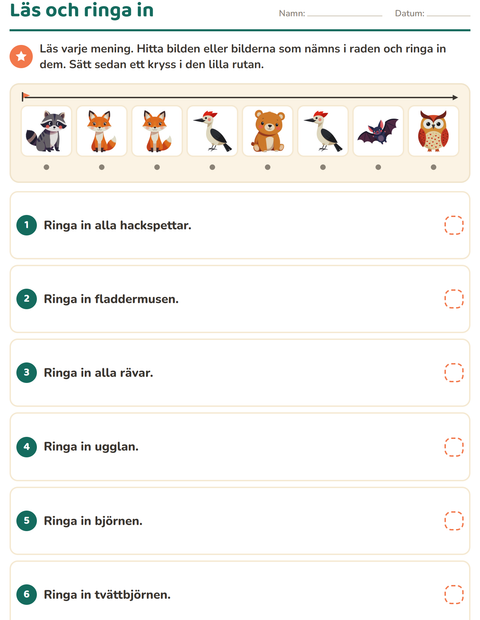 Förhandsvisning av Läs och gör-arbetsblad med Skogsdjur för Årskurs 1