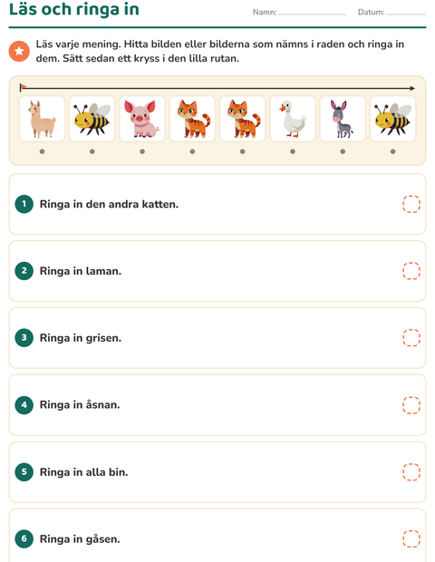 Förhandsvisning av Läs och gör-arbetsblad med Bondgårdsdjur för Årskurs 1