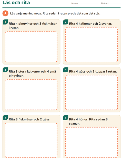 Förhandsvisning av Läs och gör-arbetsblad med Fåglar 2 för Årskurs 1