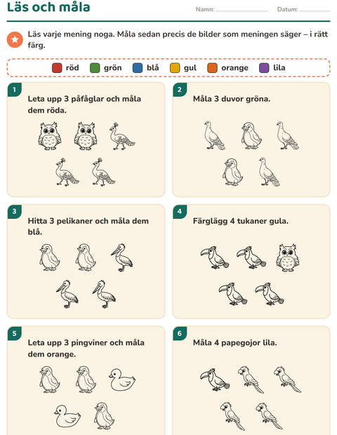 Förhandsvisning av Läs och måla-arbetsblad med Fåglar S&V för Årskurs 1