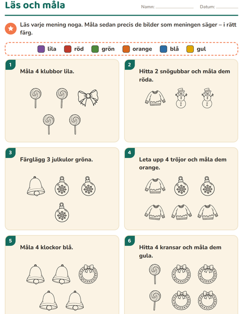 Förhandsvisning av Läs och måla-arbetsblad med Jul S/V för Årskurs 1
