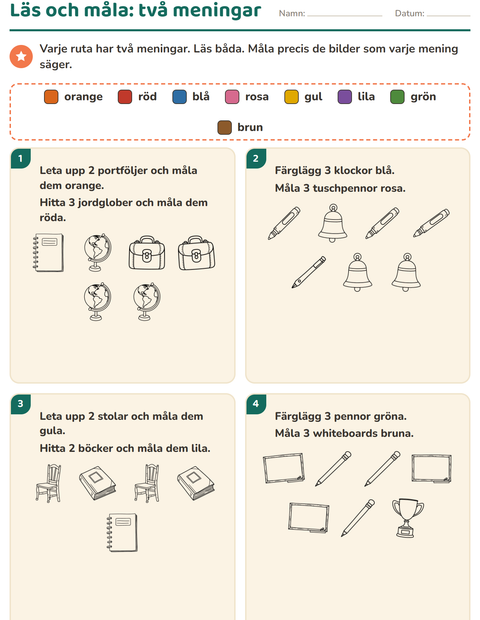 Förhandsvisning av Läs och måla-arbetsblad med Klassrum (S/V) för Årskurs 1