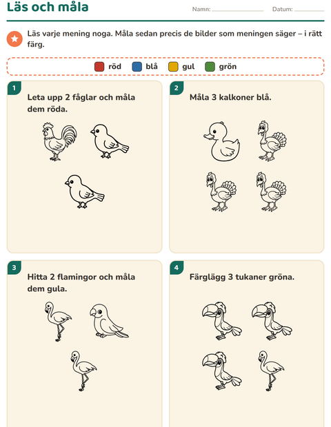 Förhandsvisning av Läs och måla-arbetsblad med Fåglar S&V 2 för Årskurs 1