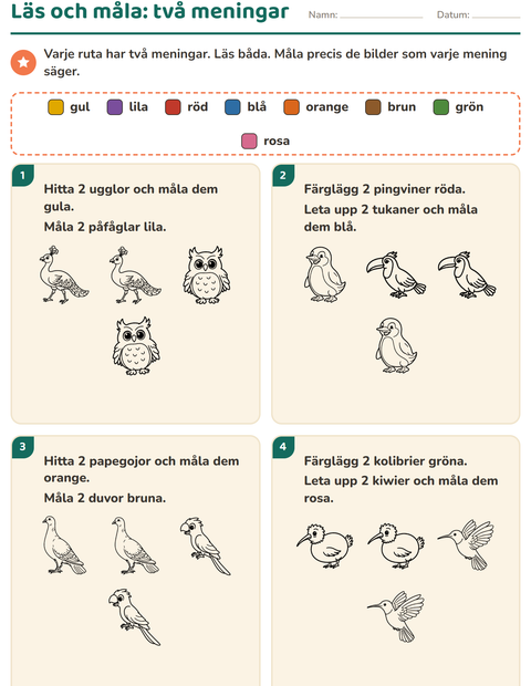 Förhandsvisning av Läs och måla-arbetsblad med Fåglar S&V för Årskurs 1