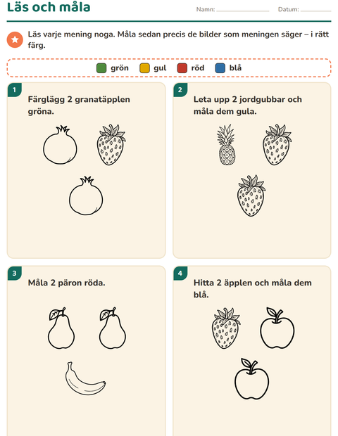 Förhandsvisning av Läs och måla-arbetsblad med Frukter SV för Årskurs 1
