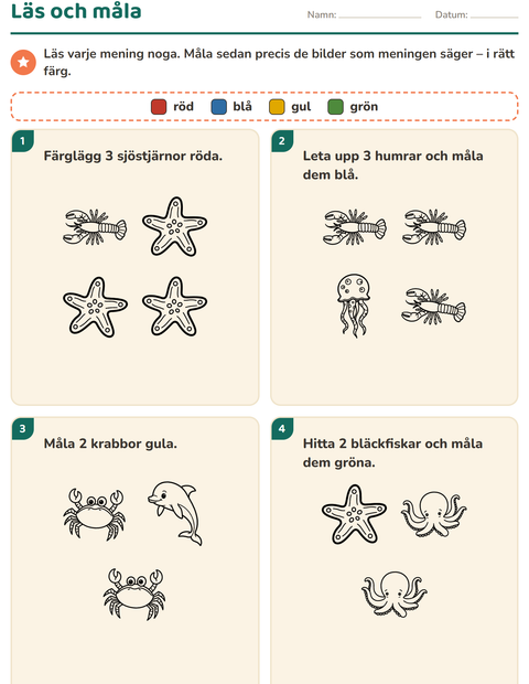 Förhandsvisning av Läs och måla-arbetsblad med Havsliv SV för Årskurs 1