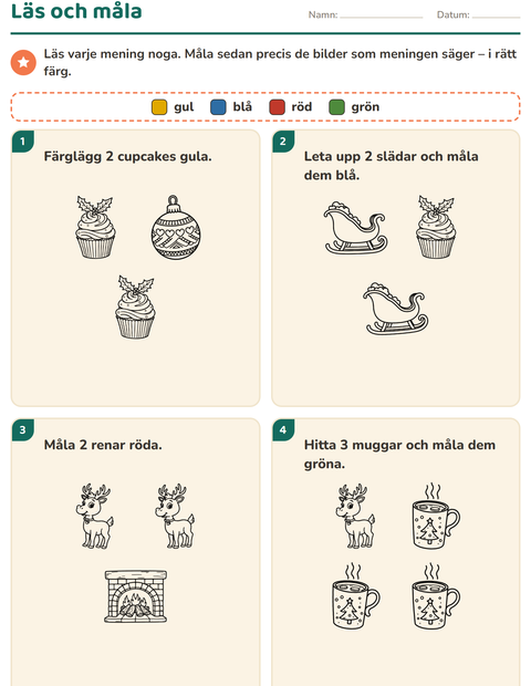 Förhandsvisning av Läs och måla-arbetsblad med Jul S/V 2 för Årskurs 1