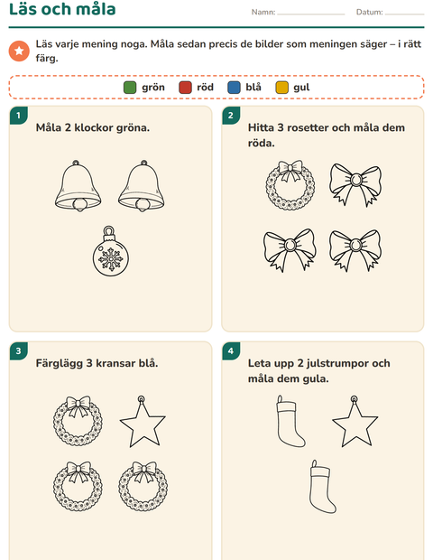 Förhandsvisning av Läs och måla-arbetsblad med Jul S/V för Årskurs 1