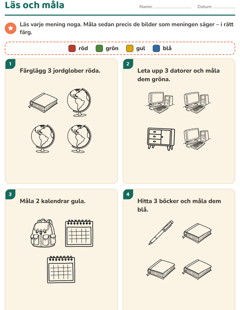 Förhandsvisning av Läs och måla-arbetsblad med Klassrum 2 (S/V) för Årskurs 1