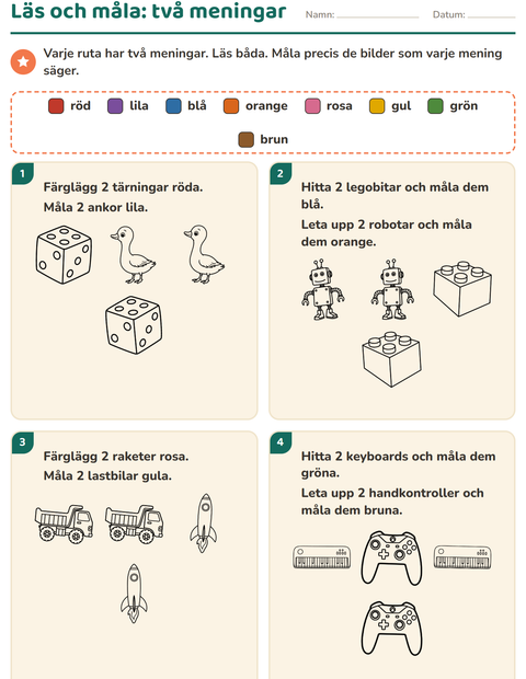 Förhandsvisning av Läs och måla-arbetsblad med Leksaker SV 2 för Årskurs 1