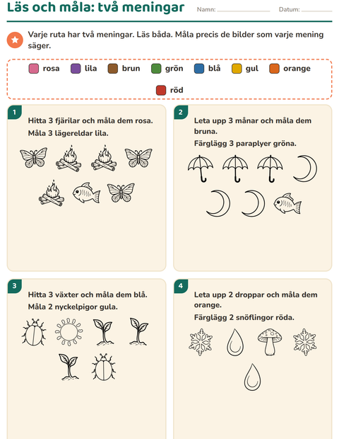 Förhandsvisning av Läs och måla-arbetsblad med Natur SV för Årskurs 1