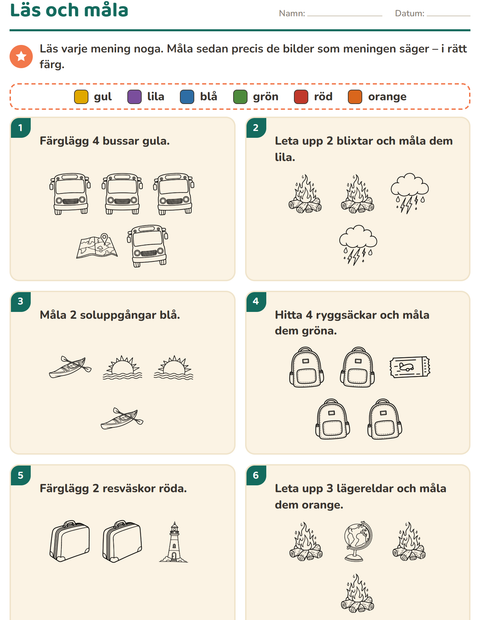 Förhandsvisning av Läs och måla-arbetsblad med Resor och Semester SV för Årskurs 1